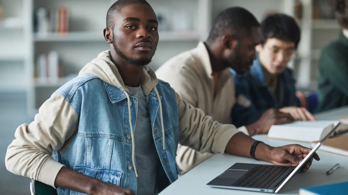 Young Black male student in a denim jacket working on a laptop at a desk with classmates behind him